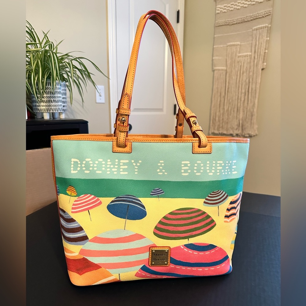 Dooney & Bourke Multicolor Beach Umbrella Canvas Tote with Tan Leather Trim